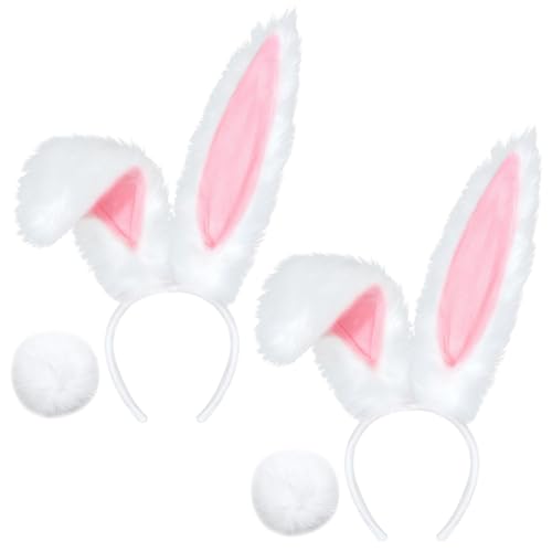 OldPAPA 2 Stück weiße Hasenohren Stirnband flauschige Kugelnadeln in Weiß Rosa Verkleidung Cosplay Party Zubehör für Erwachsene Kinder Frauen Ideal für Haarstyling Dekoration zu Ostern, Halloween, von OldPAPA