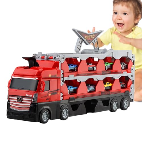 Oldmoom Autotransporter Spielzeug-LKW,Autospielzeug-Schlepper, Zusammenklappbarer Autoaufbewahrungs- und Transporter-Spielzeug-LKW, Doppelstöckiger LKW für Kinder, Spielzeug-LKW-Auswurf-Rennstrecke von Oldmoom