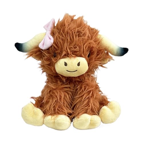 Oldmoom Highland Cow Puppe, Highland Cow Plüschtier | Niedliche Tierstoffpuppe | Gefüllte Hochlandkuh mit Schleifenplüsch, niedliche Stofftier-Dekorationspuppe für Kinder von Oldmoom