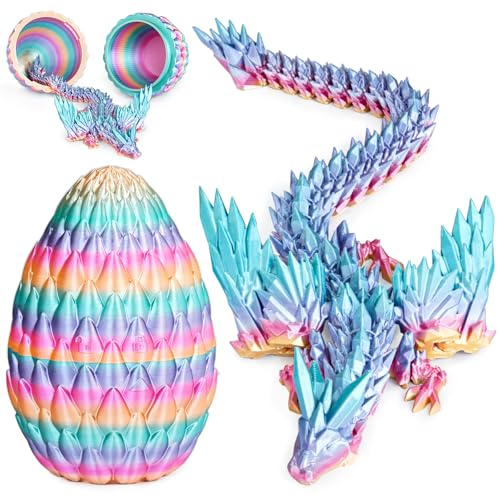 Olee Odee 3D gedruckte Drachen Eier mit beweglichem Drachen Sammler Figuren Fidget Spielzeug für Erwachsene Kinder Geburtstags Oster Regal Dekoration Aquarium,Regenbogen,M (H: 14.5cm) von Olee Odee