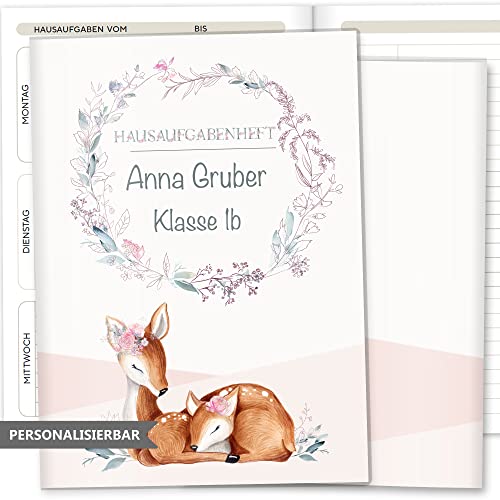 Olgs Hausaufgabenheft Hülle Rehkitz inkl. Heft Schulheft Schutzhülle Umschlag schöne Geschenkidee personalisierbar mit Namen und die Schulklasse (Hausaufgabenheft personalisiert, Lusy) von Olgs