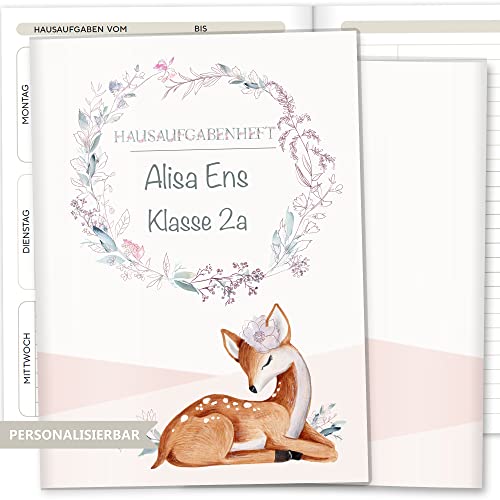 Olgs Hausaufgabenheft Hülle Rehkitz inkl. Heft Schulheft Schutzhülle Umschlag schöne Geschenkidee personalisierbar mit Namen und die Schulklasse (Hausaufgabenheft personalisiert, Stella) von Olgs