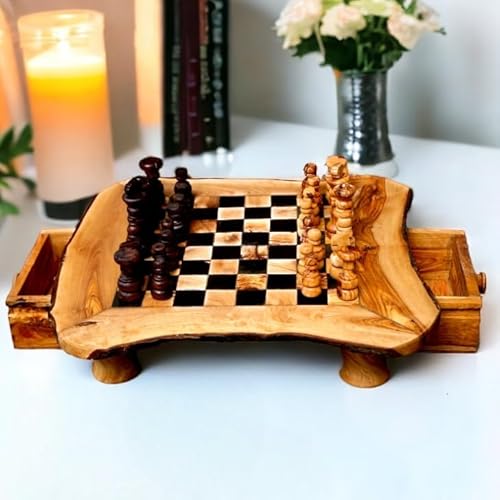 Handgefertigtes Schachspiel aus Olivenholz mit 32 handgeschnitzten Teilen, rustikales Schachbrett mit Schubladen, mehrere Größen, Rot/Schwarz, Premium-Tisch-Schachspiel (25 x 25 cm, Spielfläche 16 x von Oliveart