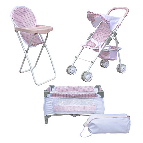 Olivias Little World 3-in-1-Puppen-Kinderwagen, Puppenhochstuhl und Kinderbett-Set Rosa OL-00014 von Olivia's Little World