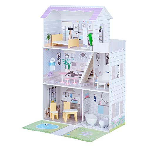 Teamson Kids Olivias Little World Giant Doll House mit 16 Puppenzubehör, Holzpuppenhaus mit Möbeln, 3 -stöckig, Kinderpuppenhaus für 12 Zoll/30 cm Puppen, Alter 3 Jahre+ von Olivia's Little World