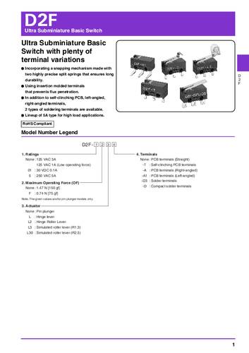 Omron D2F-FL3-A1 Mikroschalter 30 V/DC 0.5A 1 x Ein/(Ein) Bag von Omron