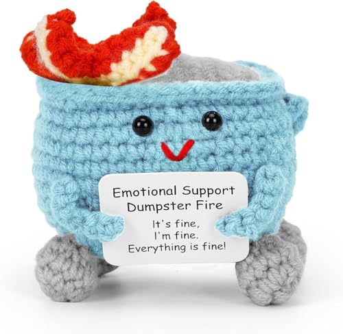 Emotionale Unterstützung, Dumpster Fire, handgefertigtes gehäkeltes Dumpster-Feuer, Weihnachts-Müllcontainer, lustige Dumpster-Strickpuppe mit positiver Karte, Schreibtisch-Dekor (blau) von Omuotaut