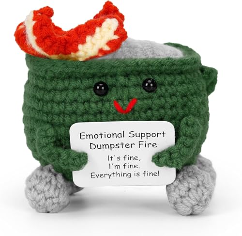 Emotionale Unterstützung, Dumpster Fire, handgefertigtes gehäkeltes Dumpster-Feuer, Weihnachts-Müllcontainer, lustige Dumpster-Strickpuppe mit positiver Karte, Schreibtisch-Dekor (grün) von Omuotaut