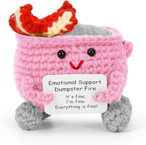 Emotionale Unterstützung Dumpster Feuer, Handgemachte Häkel-Dumpster Feuerpuppe, Weihnachten Dumpster Lustige Dumpster Strickpuppe mit Positiver Karte Schreibtisch Dekor (Rosa) von Omuotaut