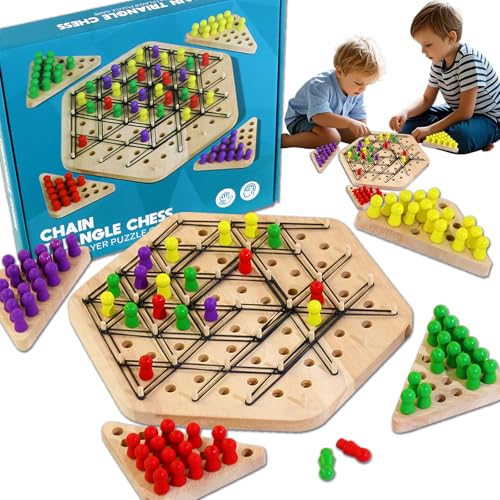 Holz Ketten Dreieck Schachspiel, 2 bis 4 Spieler, Wooden Chain Triangle Chess Game, Intellektuelles Schachbrett Kinder, Board Games, Brettspiele ab 3 4 5 6 8 10 Jahre von Omuyasi