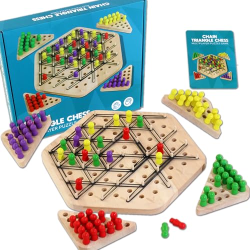 Holz Ketten Dreieck Schachspiel, 2 bis 4 Spieler, Wooden Chain Triangle Chess Game, Intellektuelles Schachbrett Kinder, Board Games, Brettspiele ab 3 4 5 6 8 10 Jahre von Omuyasi