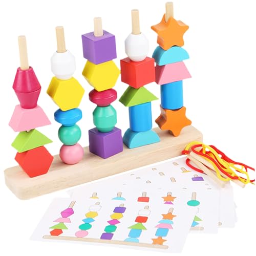 1pc Schnürung Perlen Kleinkinder Feine Fähigkeiten Holzschnürung Perlen Sequencing Toy Set einschließlich 8pcs doppelseitige Musterkarten, 2 Spitze, 10 Farbenperlen, passende Formfarben Stapelsp von OnIUeZky