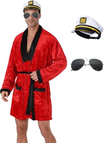 Onancehim Halloween Herren Robe Samt Robe Smoking Jacket Erwachsene Halloween Kostüme mit Gürtel Kapitän Hut, Rot/Ausflug, einfarbig (Getaway Solids), Medium/Large von Onancehim