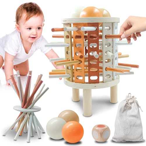 OneNine Montessori Spiel Brettspiel aus Holz, mit bunten Stäben, Würfel & Holzkugel für Kinder ab 3 - Holzturm Spiel für Jungen & Mädchen 3-9, Feinmotorik Spiele & Familienspiel für Kinder von OneNine