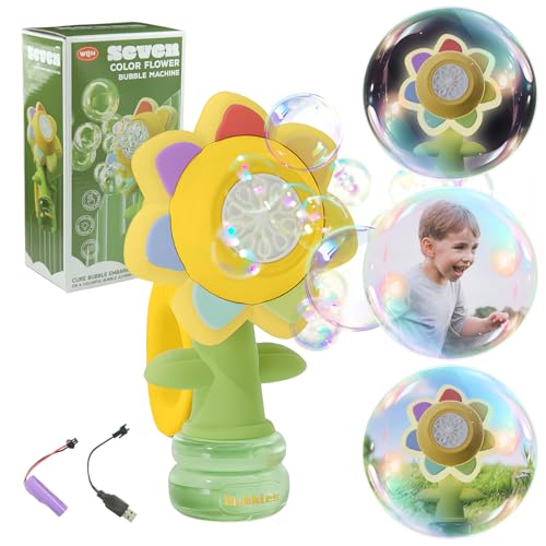 OneNine Seifenblasenmaschine Kinder, Blumen Seifenblasen Maschine, Bubble Machine mit Lichtern und Tanzt, USB-Aufladung, 3 Funktionen Blasenmaschine für Geburtstag/Hochzeit/Camping/Partys von OneNine