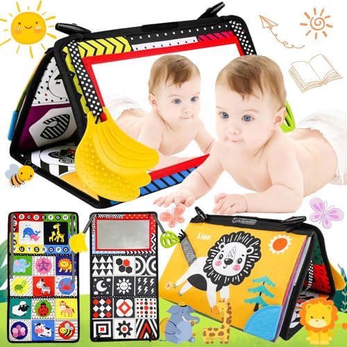 Oneroomone Baby Spiegel Spielzeug, Kontrastbuch Baby, Tummy Time Toys, Visuelle Taktile Stimulation Faltbarer Baby Bauchlage Spielzeug Schwarz Weiß Kontrastmusterspielzeug Für Neugeborene ab 3 Monate von Oneroomone