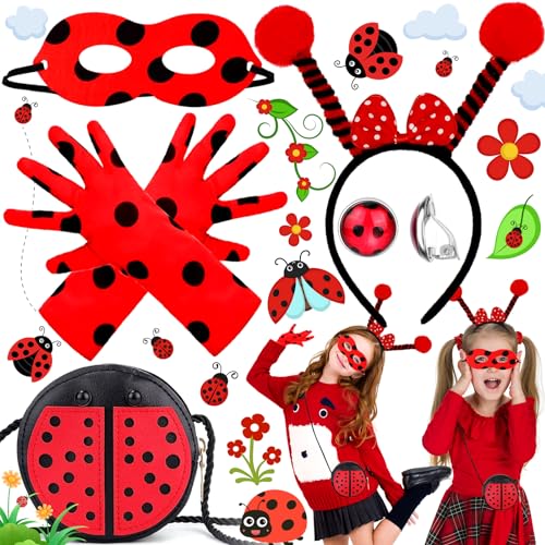 Oneroomone Ladybug Kostüm Zubehör Set, Kostüm Kinder Mädchen, Lady Bug Maske Handschuhe Tasche Haarbänder Halskette Ohrring Rollenspiel, Rot Schwarz Verkleidung Mädchen Halloween Karneval Kinder von Oneroomone