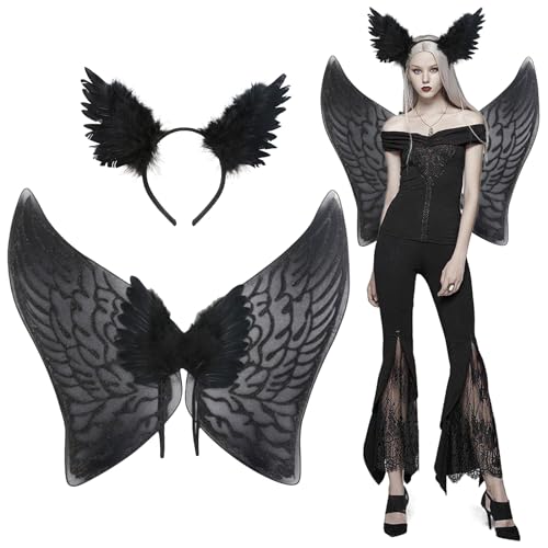 Engel Und Teufel Kostüm Damen, Faschingskostüme Damen, Karneval Halloween Kostüm Erwachsene, Engelsflügel Teufelsflügel Schwarzer Fee Flügel Kostüm Zubehör Set Haarreifen Für Fasching Party (Schwarz) von Oneshlee