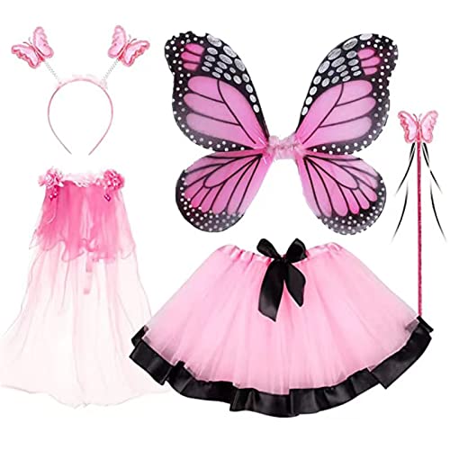 Fee Kostüm Kinder, Feenkostüm Mädchen, Faschingskostüme Karneval Halloween Kostüm Zubehör Set, Feenflügel Zauberstab Tütü Rock Schmetterling Flügel Haarreifen Schleier Für Fasching Party (Rosa) von Oneshlee