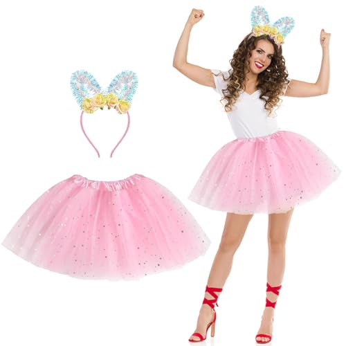 Hasenkostüm Damen, Faschingskostüme Damen, Halloween Karneval Kostüm Erwachsene, Hasen Kostüm Tierkostüm Zubehör Set Tüllrock Tütü Rock Ohren Haarreifen, Tiere Verkleidung Set Für Fasching Party von Oneshlee