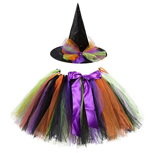 Hexenkostüm Mädchen, Hexe Kostüm Kinder, Faschingskostüme Halloween Karneval Kostüm, Tüllrock Tütü Rock Bunt, Zubehör Hexenhut, Hexen Verkleidung Set Für Fasching Cosplay Party (Lila Schleife) von Oneshlee