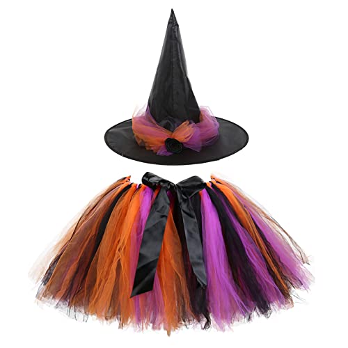 Hexenkostüm Mädchen, Hexe Kostüm Kinder, Faschingskostüme Halloween Karneval , Tüllrock Tütü Rock Bunt, Zubehör Hexenhut, Hexen Verkleidung Set Für Fasching Cosplay Party (Schwarze Schleife) von Oneshlee