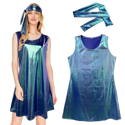 Karneval Kostüm Damen Faschingskostüme Damen Hippie, 60er 70er Jahre Bekleidung Damen Disco Outfit Damen Hippie Kostüm Damen Set, Hippie Kleid Rundhals Ärmellos Kostüm Damen Fasching Für Party (M) von Oneshlee