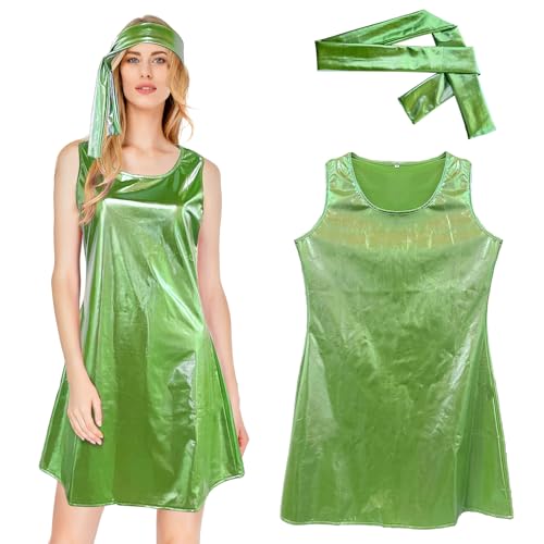 Karneval Kostüm Damen Faschingskostüme Damen Hippie, 60er 70er Jahre Bekleidung Damen Disco Outfit Damen Hippie Kostüm Damen Set, Hippie Kleid Rundhals Ärmellos Kostüm Damen Fasching Für Party (2XL) von Oneshlee