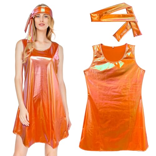 Hippie Kostüm Damen, Karneval Kostüm Damen Hippie Kleidung Damen Faschingskostüme Damen, 80er Jahre Outfit Damen 70er Jahre Bekleidung Damen Disco Kostüm Damen, Karnevalskostüm Damen (orange, 2XL) von Oneshlee