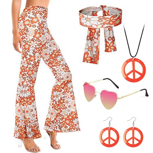 Hippie Kostüm Damen 70er 60er Jahre, Faschingskostüme Damen, Karneval Halloween Kostüm Erwachsene, Boho Schlaghose Disco Kostüm Zubehör Friedenszeichen Accessoires Set Für Fasching Party (A, XXL) von Oneshlee