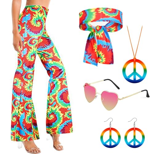 Hippie Kostüm Damen 70er 60er Jahre, Faschingskostüme Damen, Karneval Halloween Kostüm Erwachsene, Boho Schlaghose Disco Kostüm Zubehör Friedenszeichen Accessoires Set Für Fasching Party (B, L) von Oneshlee