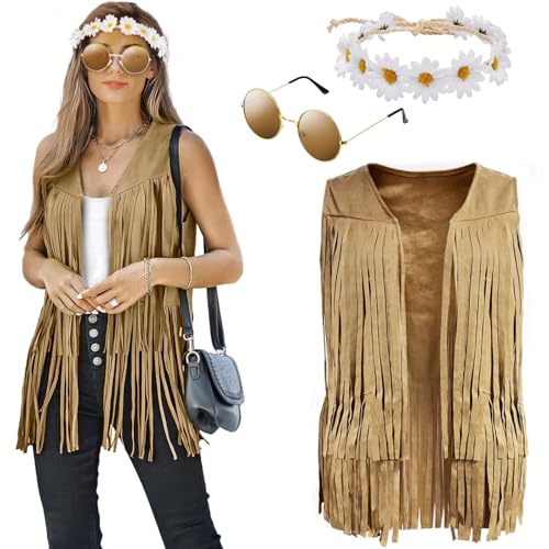 Hippie Kostüm Damen Fransenweste Damen Hippie Weste Damen Ärmellos Mit Brille Stirnband, Faschingskostüme Damen Karneval Kostüm Damen, 60er 70er Jahre Bekleidung Damen Disco Outfit Hippie Kleidung(S) von Oneshlee