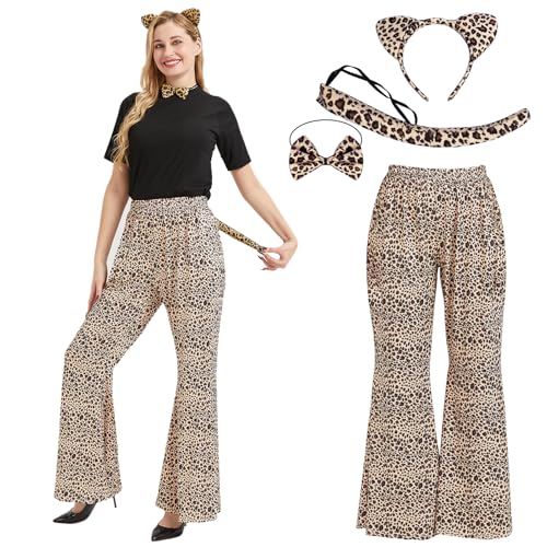 Hippie Kostüm Damen Set Mit Fliege, Faschingskostüme Damen Karneval Kostüm Damen Hippie Kleidung Damen Schlaghose Damen 70er, Disco Outfit Hippie Accessoires 70er Jahre Bekleidung Damen (Leopard, L) von Oneshlee