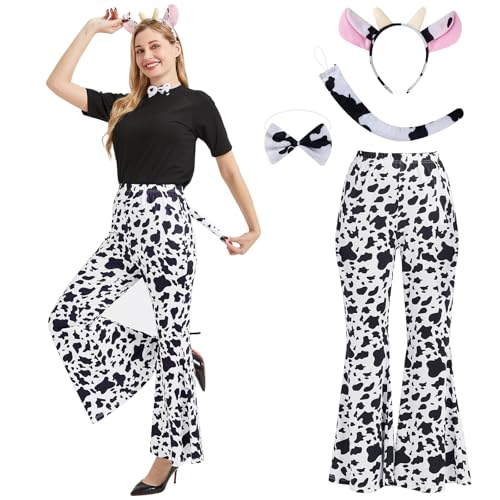 Hippie Kostüm Damen Set Mit Fliege, Faschingskostüme Damen Karneval Kostüm Damen Hippie Kleidung Damen Schlaghose Damen 70er, Disco Outfit Hippie Accessoires 70er Jahre Bekleidung Damen (kuh, 2XL) von Oneshlee