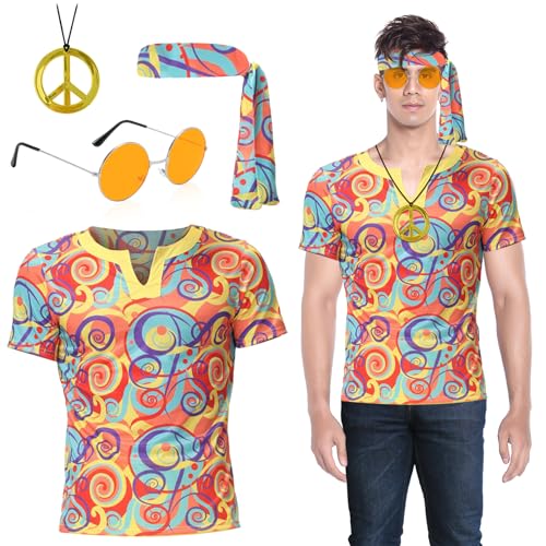 Hippie Kostüm Herren 70er 60er Jahre Hippie Kleidung, Faschingskostüme Herren, Karneval Halloween Kostüm Erwachsene, Boho Disco Kostüm Zubehör Friedenszeichen Accessoires Set Für Fasching Party (L) von Oneshlee