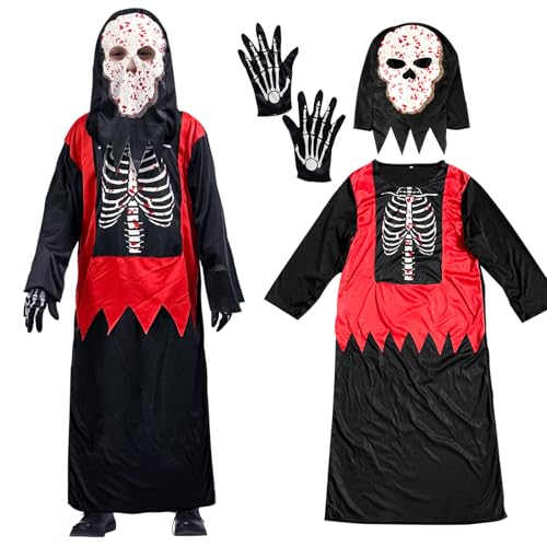 Oneshlee Sensenmann Kostüm Kinder Halloween Kostüm Jungen, Skelettkostüm für Kinder, Halloween Kostüm Mit Schädelmaske, Halloween Grimkostüm Cosplay Set, Grim Reaper für Halloween Party Dekoration(S) von Oneshlee