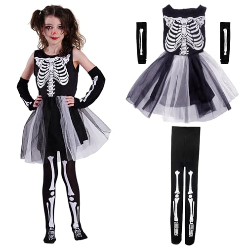 Skelett Kostüm Mädchen, Halloween Kostüm Kinder, Faschingskostüme Mädchen, Gruselig Halloween Skelett Verkleidung Set, Kostüm Zubehör Tüllrock Handschuhe Strumpfhose, Für Karneval Fasching Party (S) von Oneshlee