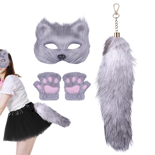 Onkujlpst Halloween-Kostüme für Frauen, Pelzkostüme für Kinder - Tierpfoten-Gesichtsbedeckung und Schwanz-Set,Katzen-Cosplay-Kostümzubehör, niedliche dekorative Handschuhe, Maskenschwanz für von Onkujlpst