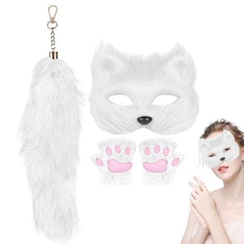 Onkujlpst Wolfskostüm, Halloween-Kostüme für Damen, Halloween Pelzkostüm Faux Wolf Maske, Katzen-Cosplay-Kostümzubehör, niedliche dekorative Handschuhe, Maskenschwanz für Halloween-Maskerade von Onkujlpst