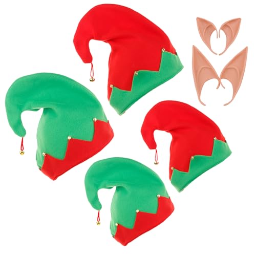 Onlvmyur 4 Stück Weihnachtself Mütze Elfenmütze Erwachsene Kinder Lustige Weihnachtsmützen und 4 Paar Elfenohren für Weihnachten Dress Up von Onlvmyur