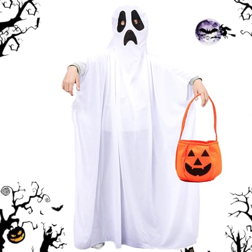 Onlvmyur Gespenst Kostüm Kinder Kreativ Halloween Kostüm Kinder Geist Interessant Geister Kostüm mit Kürbis-Bonbontüte Geister Umhang für Jungen Mädchen Cosplay Halloween Party (130cm) von Onlvmyur