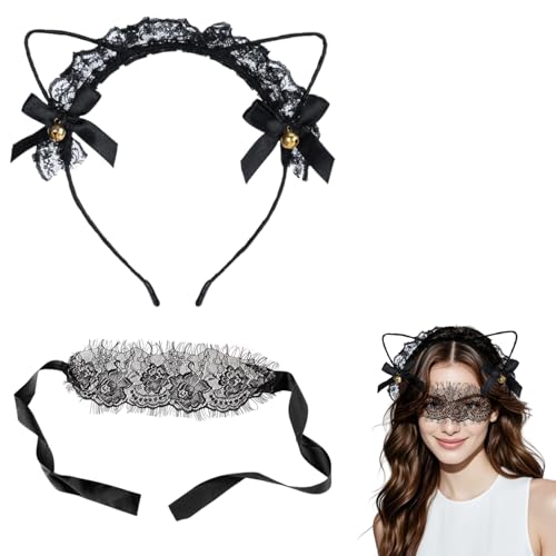 Katzenohren Stirnbänder und Spitze Augenmaske, Maskerade Masken Kostüm Catwoman Zubehör, Niedliche Cosplay Katze Haarreifen, Party Kostüm Zubehör, Schwarze Katzenohren für Frauen, Schwarze Spitze von Onperpoe