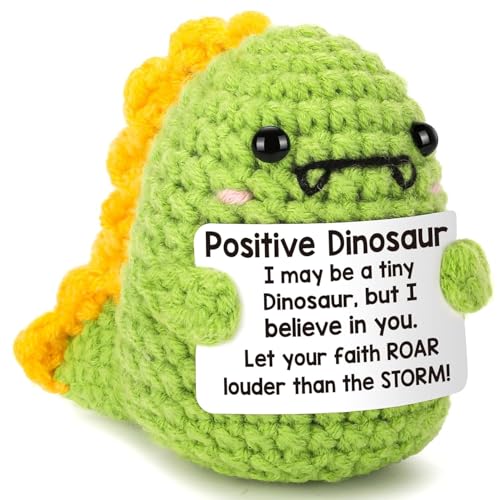 Lustige Positive Dinosaurier mit Inspirierender Karte Positive Geschenke Pocket Hug Dino Emotional Support Strickpuppe aus Wolle Handgefertigt Gehäkelt Geschenke für Frauen Geburtstag Weihnachten von Onperpoe