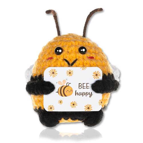 Onperpoe Lustige Positive Biene mit Inspirierender Karte Pocket Hug Biene 7cm Niedliche Mini Häkelbiene Positive Strickpuppe aus Wolle Glücksbringer Geschenke Glück Biene Positive Geschenke von Onperpoe