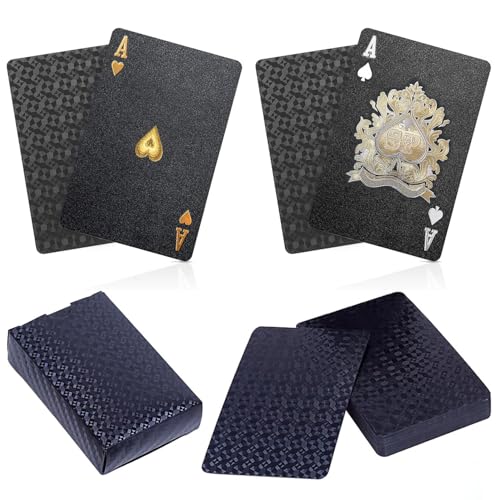 Onperpoe Spielkarten aus Kunststoff, 2 Decks Wasserdichte Spielkarten, Schwarze Spielkarten mit silbernen und goldenen Wörtern, Pokerkarten für Partyspiele, Unterhaltung, Zaubershows von Onperpoe