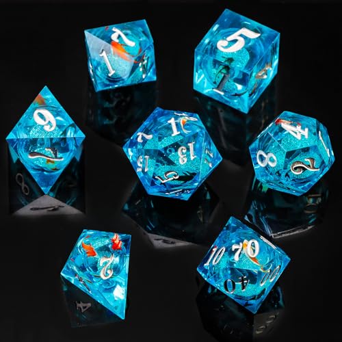 Flüssiger Kern DND-Würfel, Koi-Fische, D&D-Würfel, Harz, scharfe Kanten, polyedrische Würfel für Dungeons and Dragons, blau-silberfarben, handgefertigtes Rollenspiel, RPG-Würfel-Set (D20, D12, D10, von OnrySxn