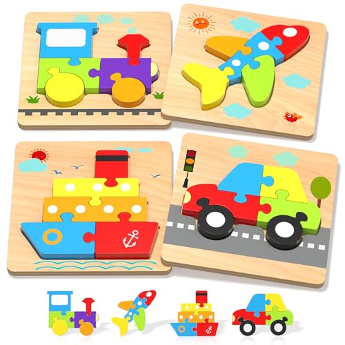 Wooden Toddler Puzzles Gifts Toys for 3+ Years Old Boys Girls, 4 Vehicle Shape Montessori Toys von Oomloid