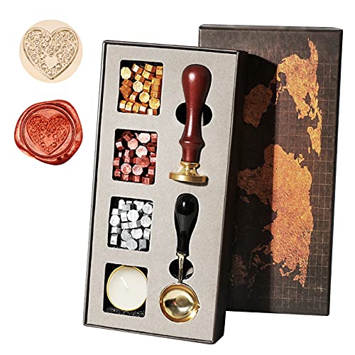 Wachssiegel Stempel Set, Vintage Retro Wax Wachs Siegel Stempel Kit mit Siegel Wachs Perlen und Schmelzlöffel für Einladungskarten Briefe Umschläge (Herz) von Opaltool