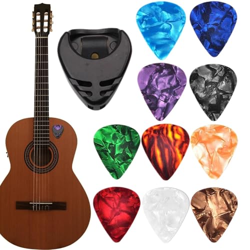 10 Stück Plektrum mit 0,46 mm Dicke für Bass E Gitarre Ukulele Akustikgitarre, Mehrfarben Plektren Gitarre, Zelluloid Gitarren Plektrum mit Plektrumhalter von Opdestn