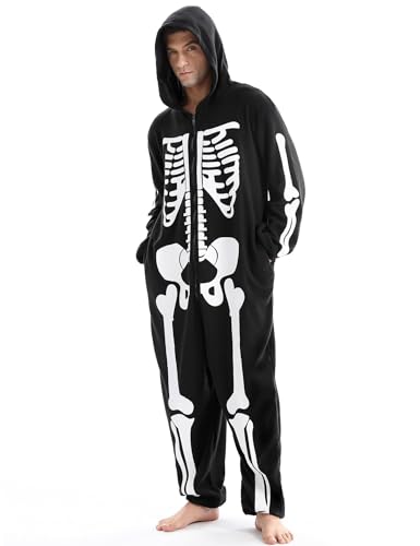 Opemon Skelett-Pyjama-Kostüm für Herren, Erwachsene, Halloween-Kostüm, Paar, Junge, gemütlicher Overall, Einteiler, Cosplay-Party, Schwarz, XXL von Opemon